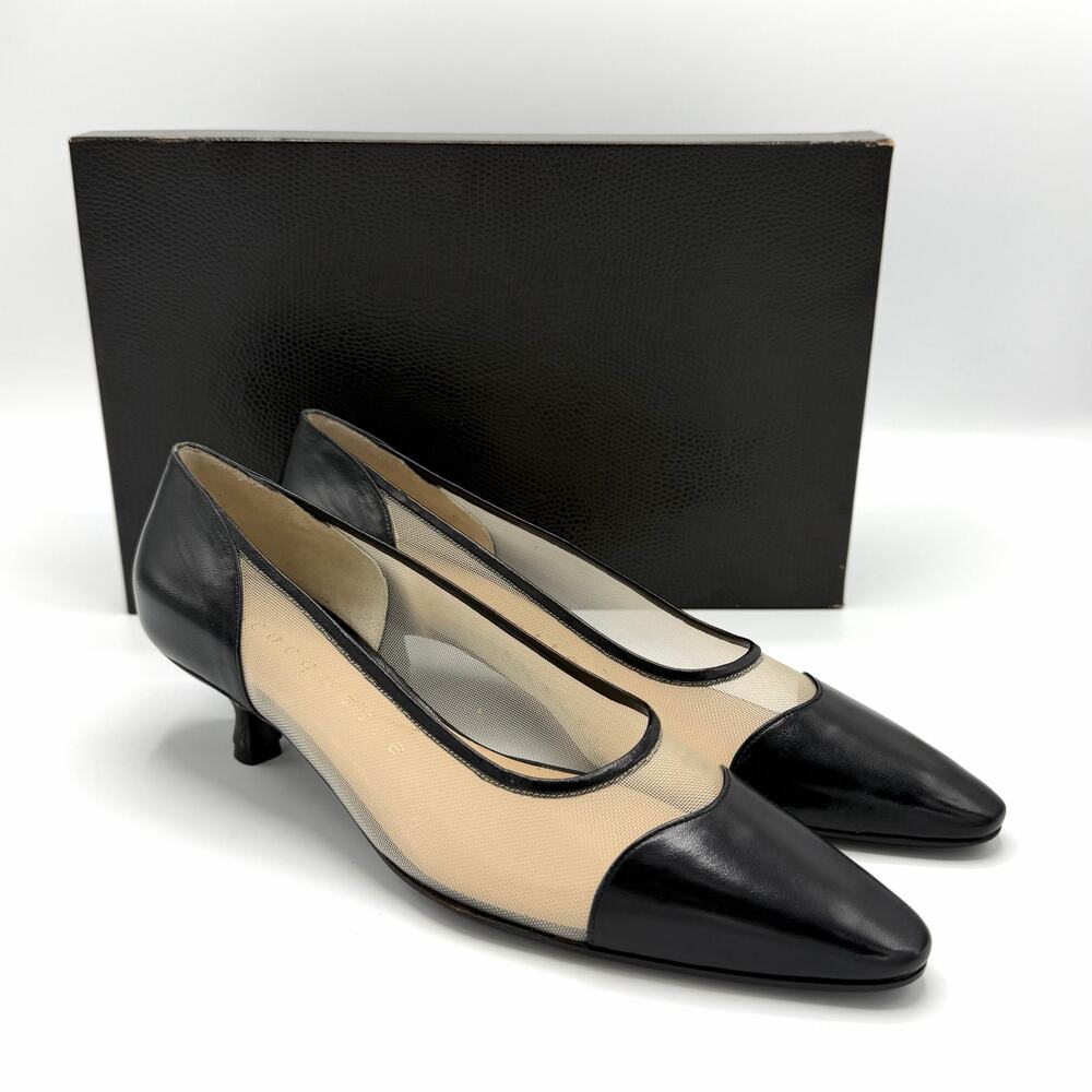 NEW Cocquette Black Leather Mesh Kitten Heels 35.5 Italy Cap Toe Pumps